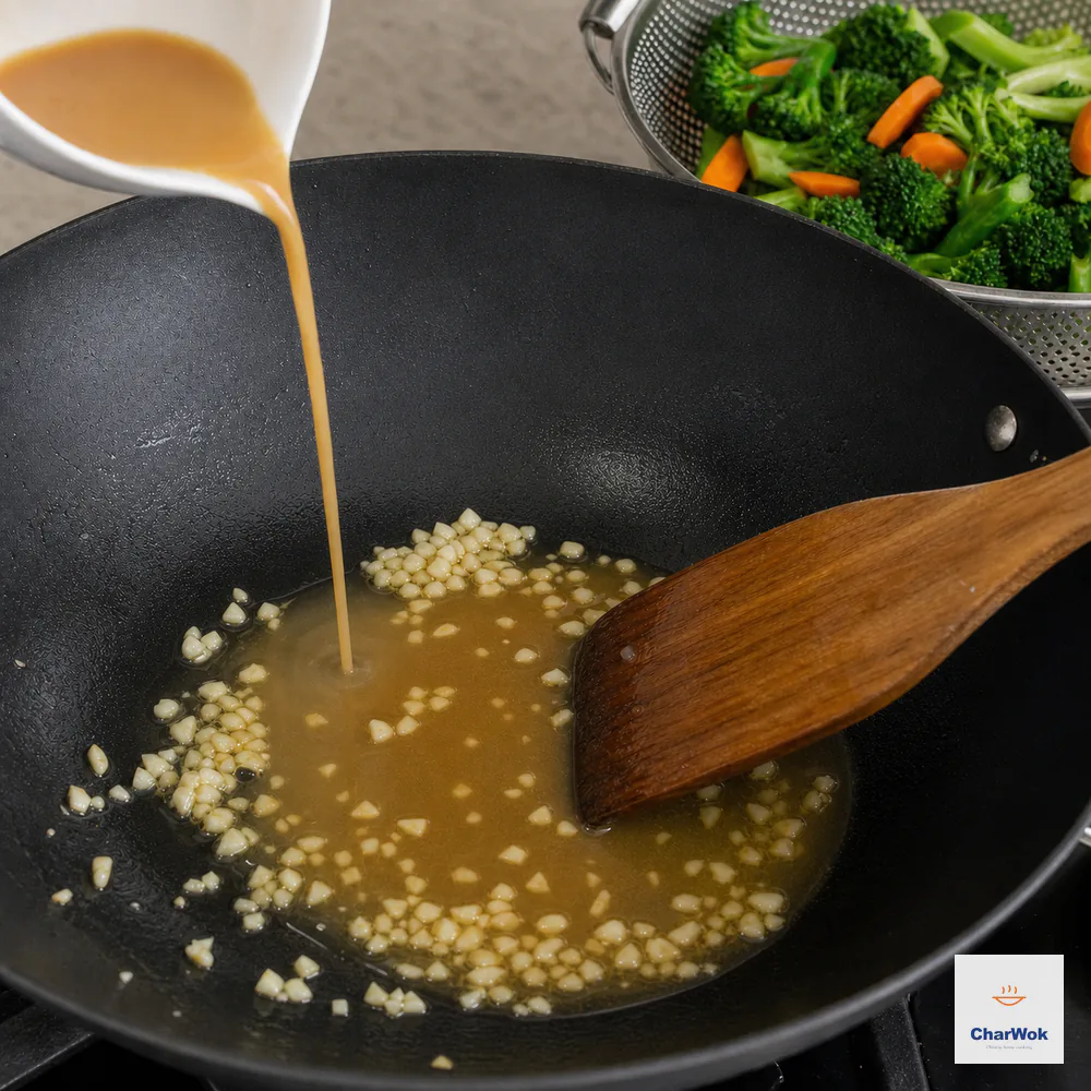 Freshly stirred oyster-sauce slurry pours around pale garlic in a calm low-heat wok while a wooden spatula swirls a thin smooth amber gloss without boiling