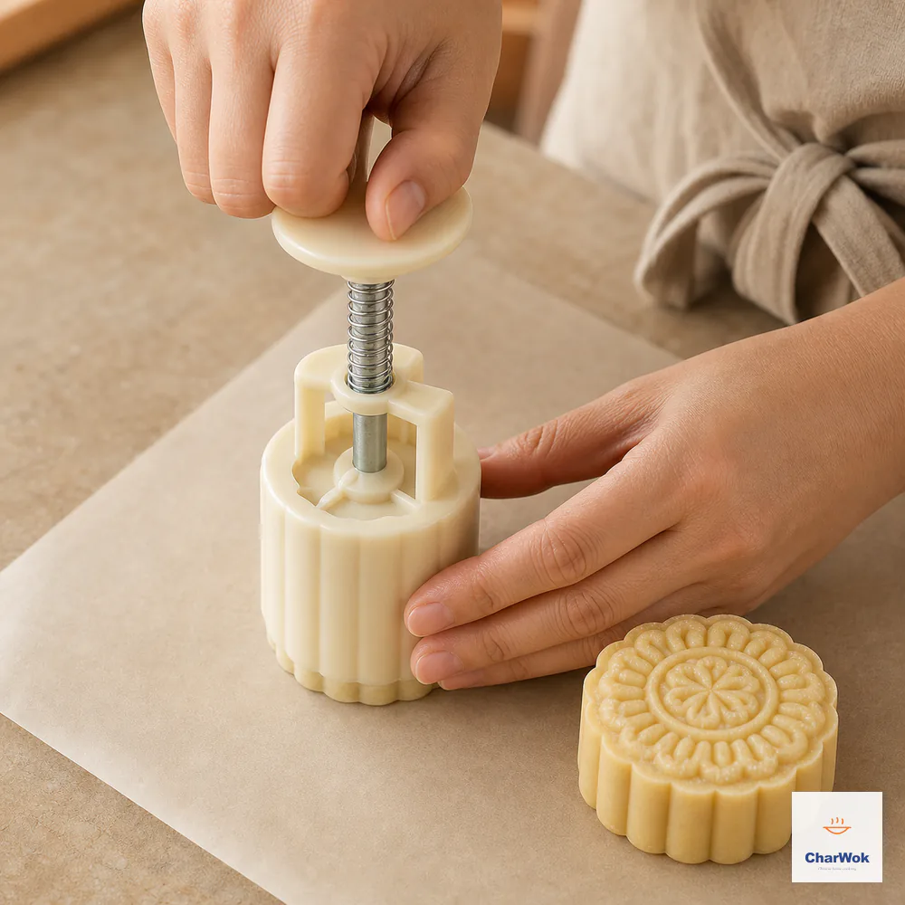 A spring-loaded flower-pattern mooncake press stands vertically on parchment beside one sharply embossed raw pale-golden mooncake