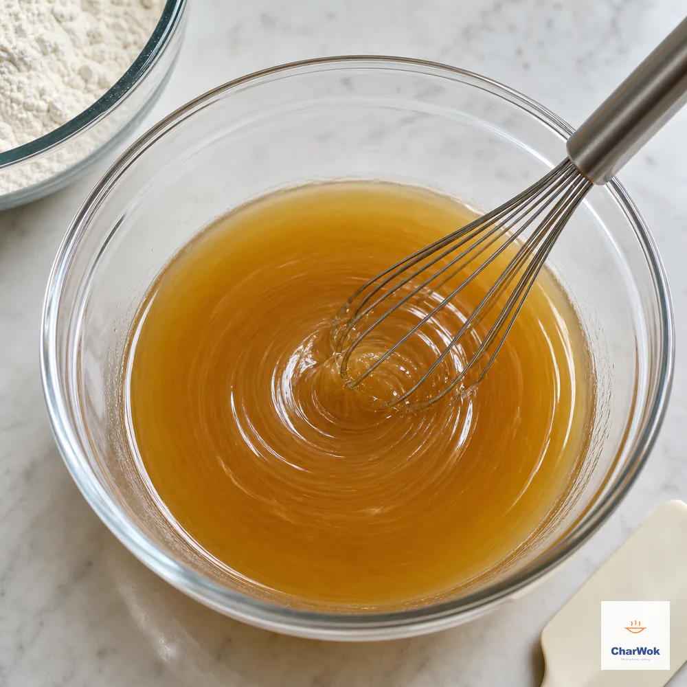 A whisk makes golden syrup, neutral oil, and lye water completely homogeneous and amber in a clear bowl while flour waits outside