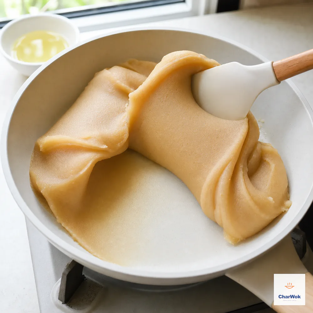 Optional homemade lotus paste folds into one cohesive satin-matte tan mass and leaves a broad clean trail across the bottom of the pan
