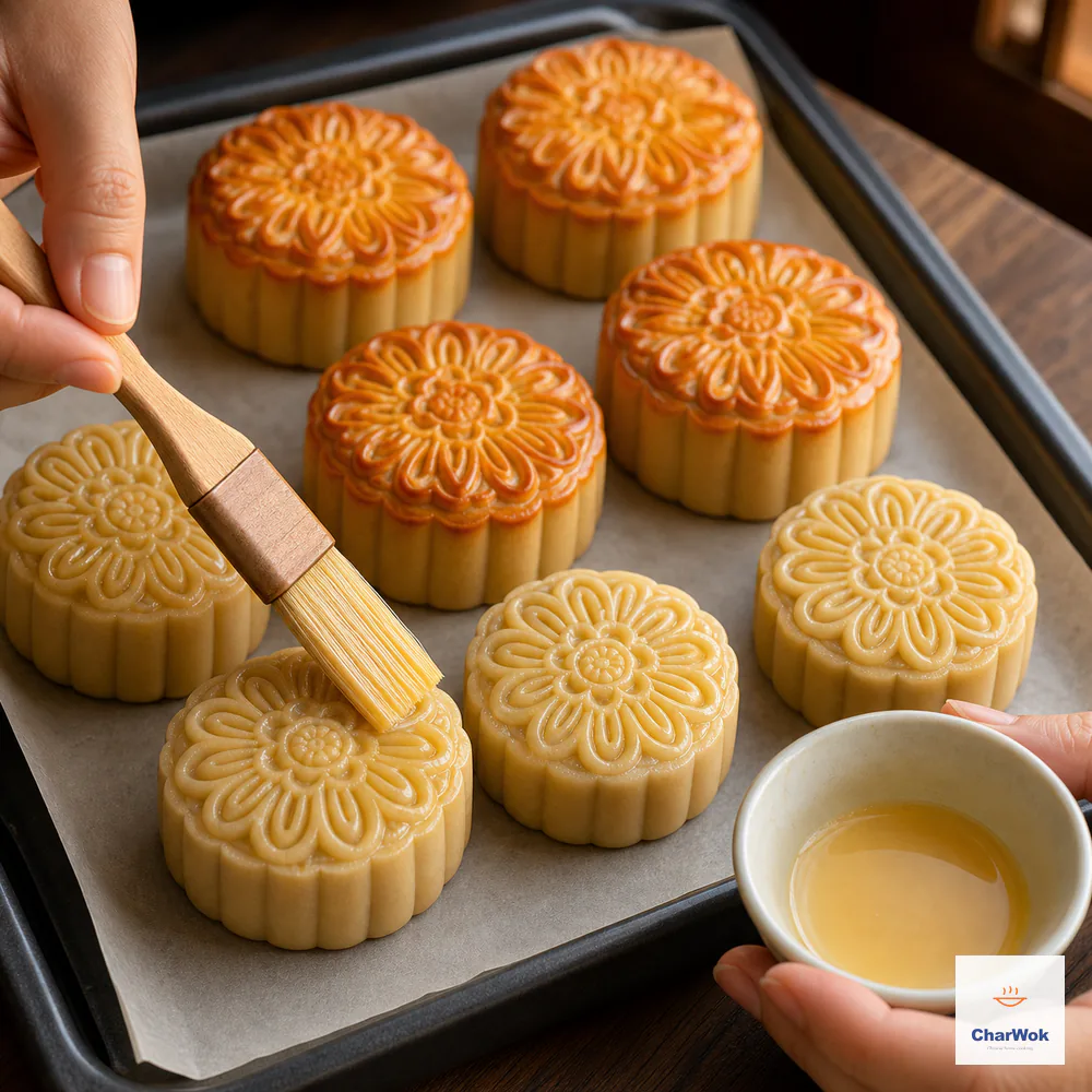 A soft brush applies a thin egg wash across raised mooncake ridges while finished cakes on the same tray are evenly glossy golden-red with clear grooves
