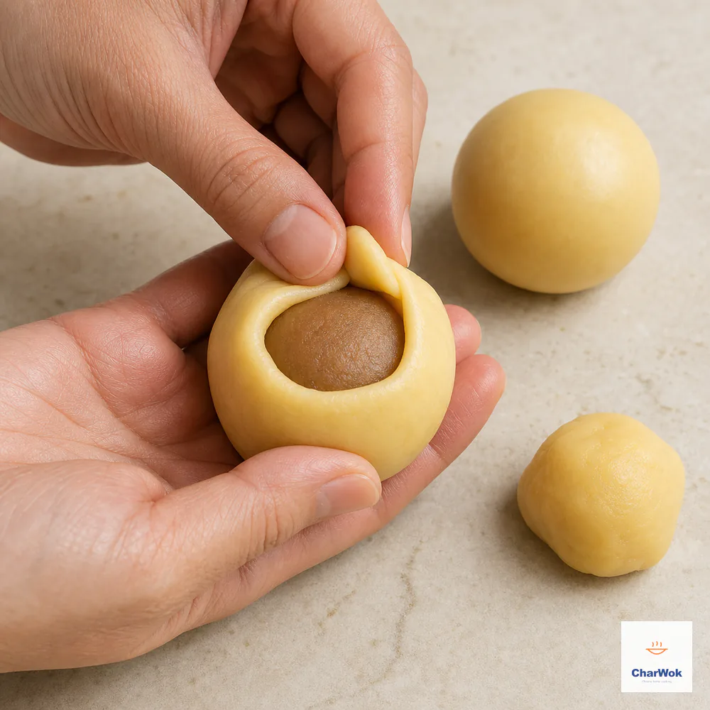 Natural hands push a thin golden pastry wrapper evenly upward around a smooth lotus-paste ball while a sealed filled ball waits nearby