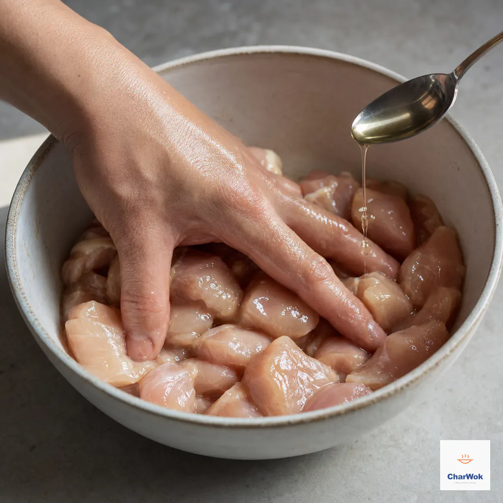 A hand coats raw chicken thigh pieces with cornstarch, white pepper, water, and a teaspoon of oil until every piece looks evenly glossy