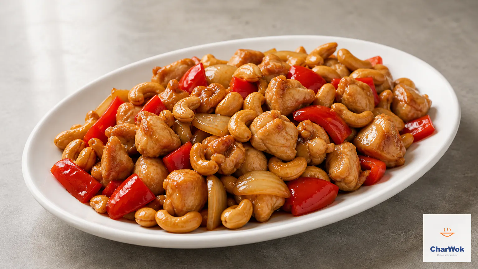 Cashew chicken stir-fry with glossy chicken thigh pieces, toasted cashews, crisp red bell pepper, and onion in a light brown sauce