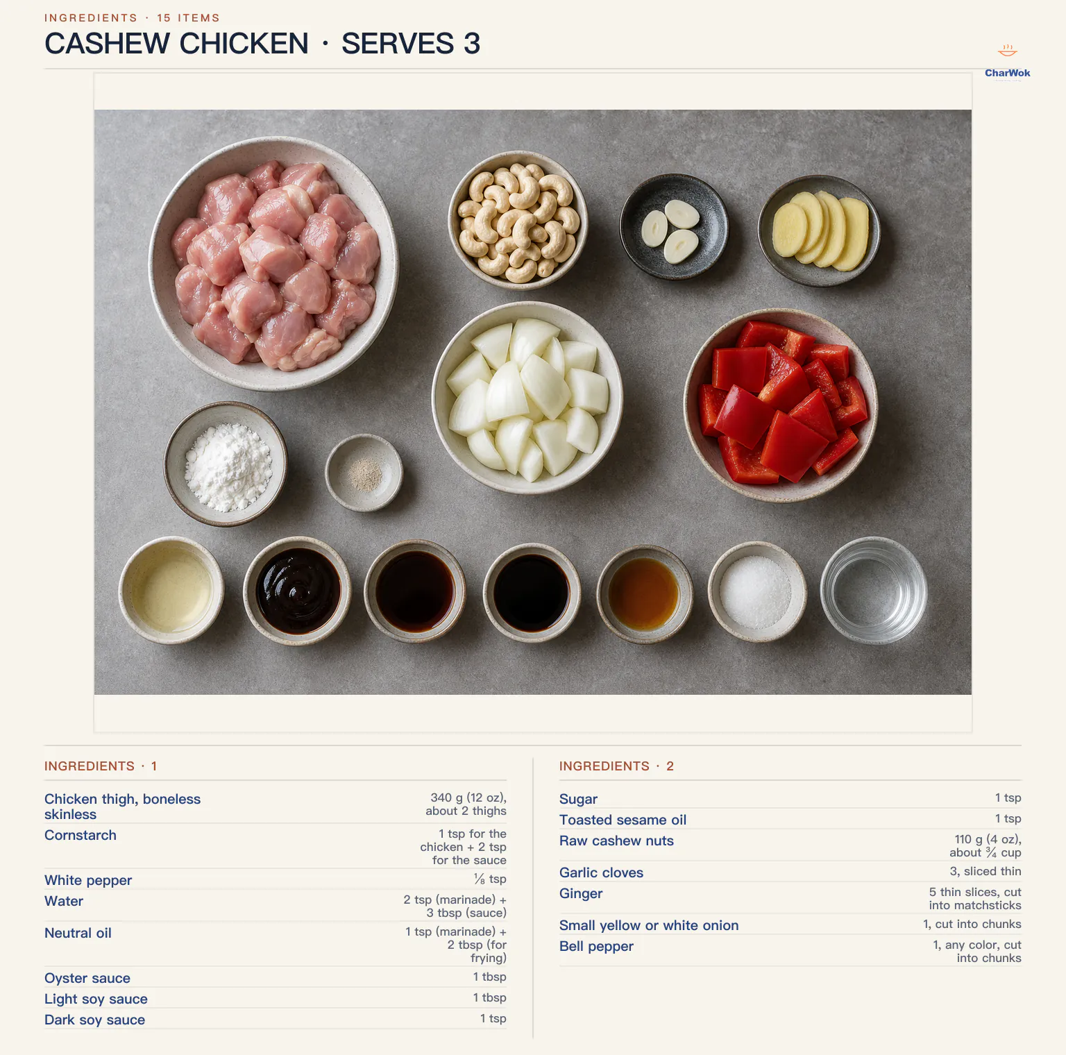 Cashew chicken ingredients labeled in English: 340 g chicken thighs, cornstarch, white pepper, water, neutral oil, oyster sauce, light and dark soy sauces, sugar, sesame oil, 110 g raw cashews, 3 garlic cloves, 5 ginger slices, 1 small onion, and 1 bell pepper