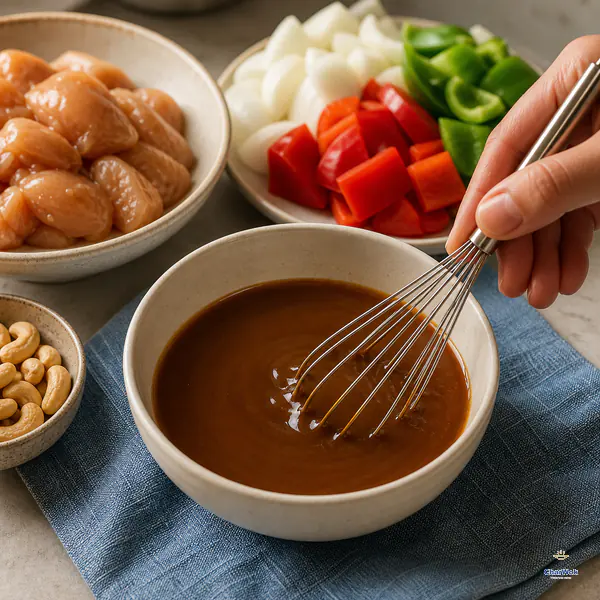 A small whisk mixes oyster sauce, light and dark soy sauces, cornstarch, sugar, water, and sesame oil into a smooth brown sauce with no settled starch