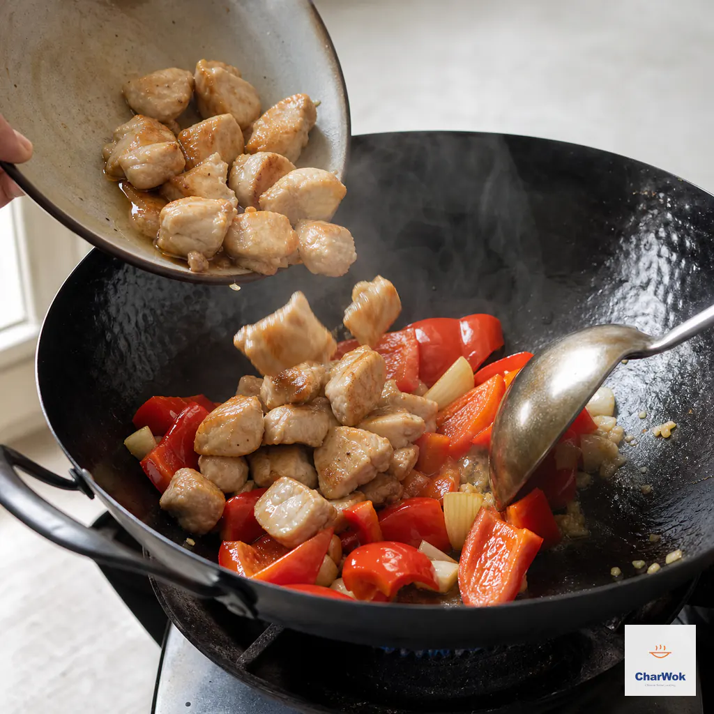 Lightly seared chicken is tipped back into a hot wok with bright crisp red bell pepper, onion, garlic, and ginger
