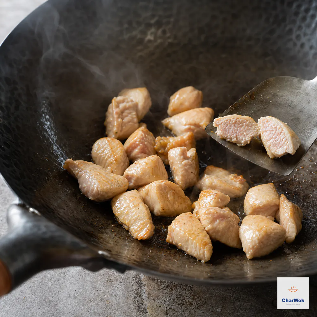 Chicken thigh pieces during the partial first sear, with a lightly golden exterior and an intentionally undercooked center before transfer to a clean plate