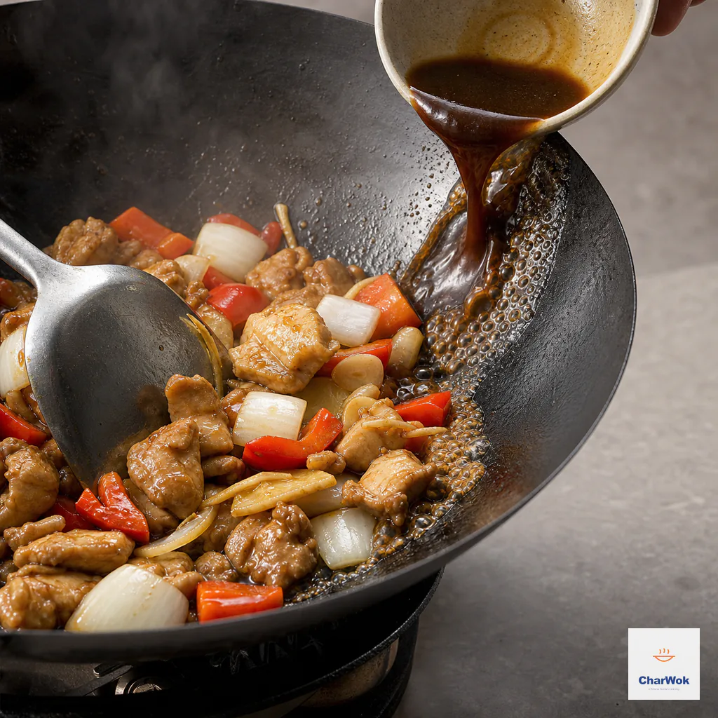 Brown stir-fry sauce pours against the hot inner rim of a wok and bubbles around chicken, red bell pepper, onion, garlic, and ginger with no cashews yet added