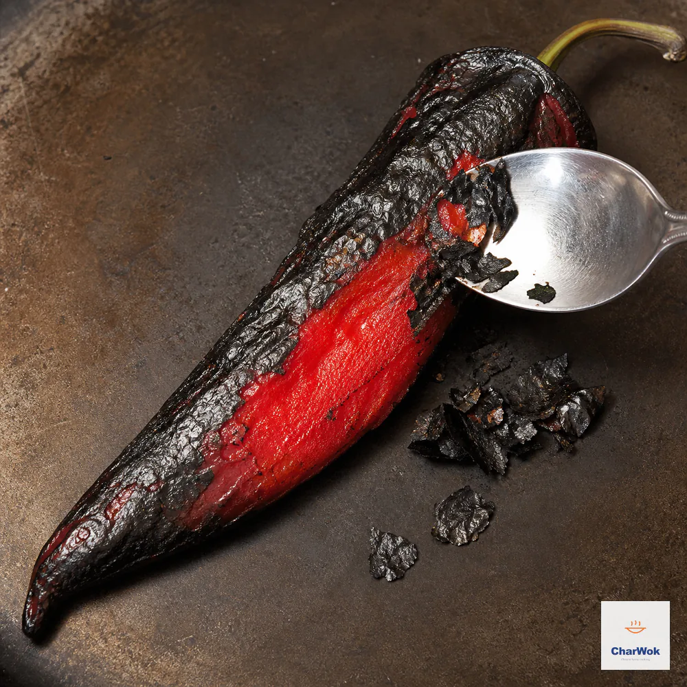 A spoon scrapes loose blackened skin from one deeply blistered pointed red pepper, revealing softened bright-red flesh