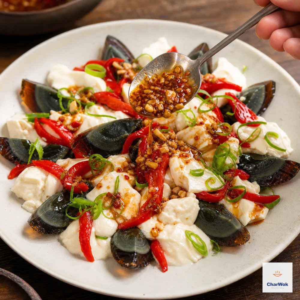 Fresh aromatic dressing is spooned over chilled century egg wedges, spoon-broken silken tofu, red pepper ribbons, and scallion just before serving