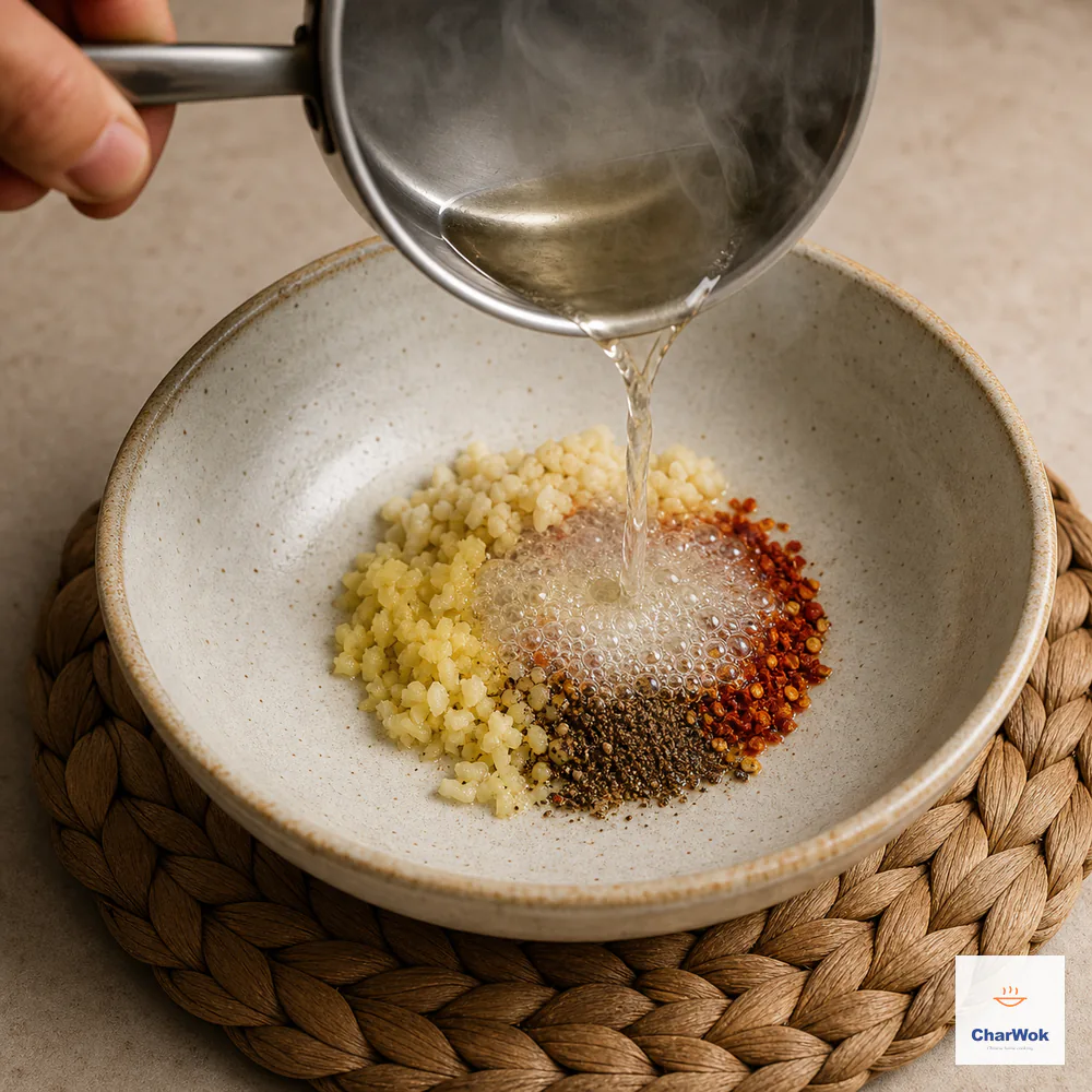 A controlled stream of shimmering neutral oil sizzles over minced ginger, garlic, chili flakes, and ground Sichuan pepper in a heatproof bowl on a trivet