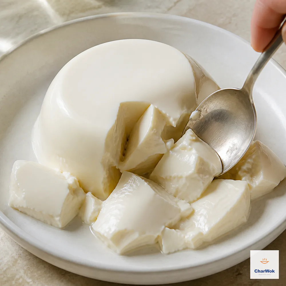 A tablespoon gently breaks chilled silken tofu into moist irregular chunks on an off-white plate without using a knife