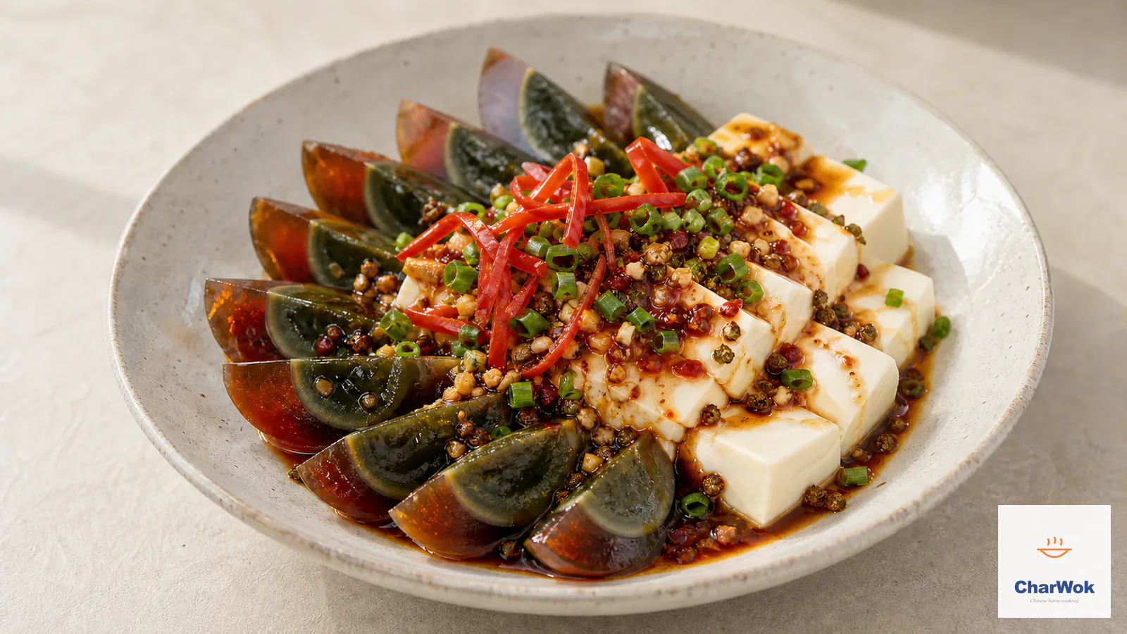 Century egg and silken tofu salad with charred red pepper and aromatic dressing