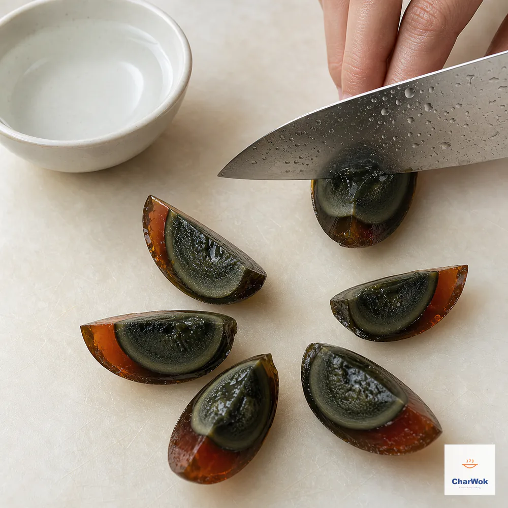 One translucent amber and deep-green century egg is divided into exactly six wedges with a water-beaded knife beside a bowl of warm water