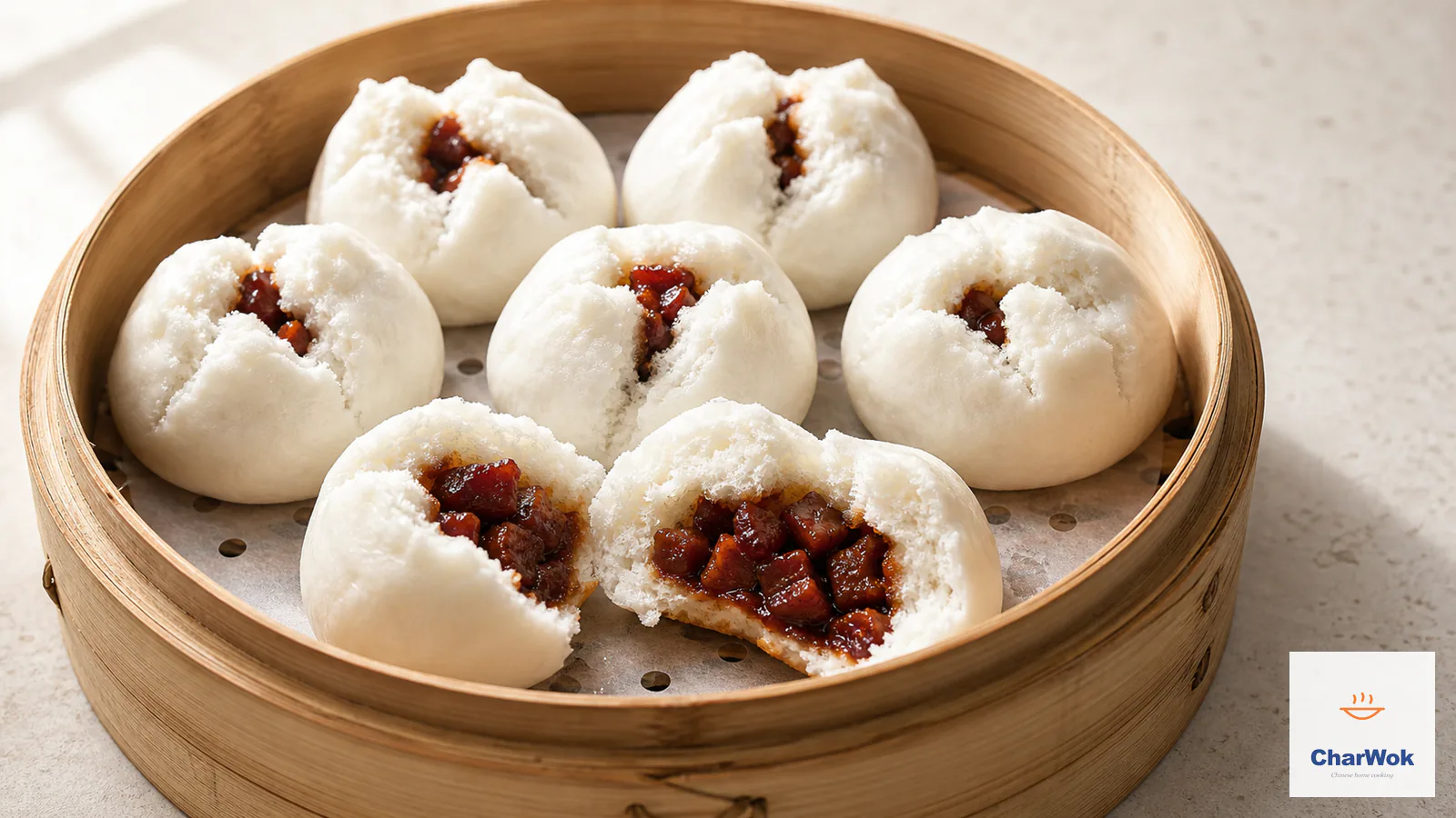 Freshly steamed Cantonese char siu bao in a bamboo basket, with snow-white crack-open tops and one bun torn open to show airy crumb and glossy diced barbecue pork filling