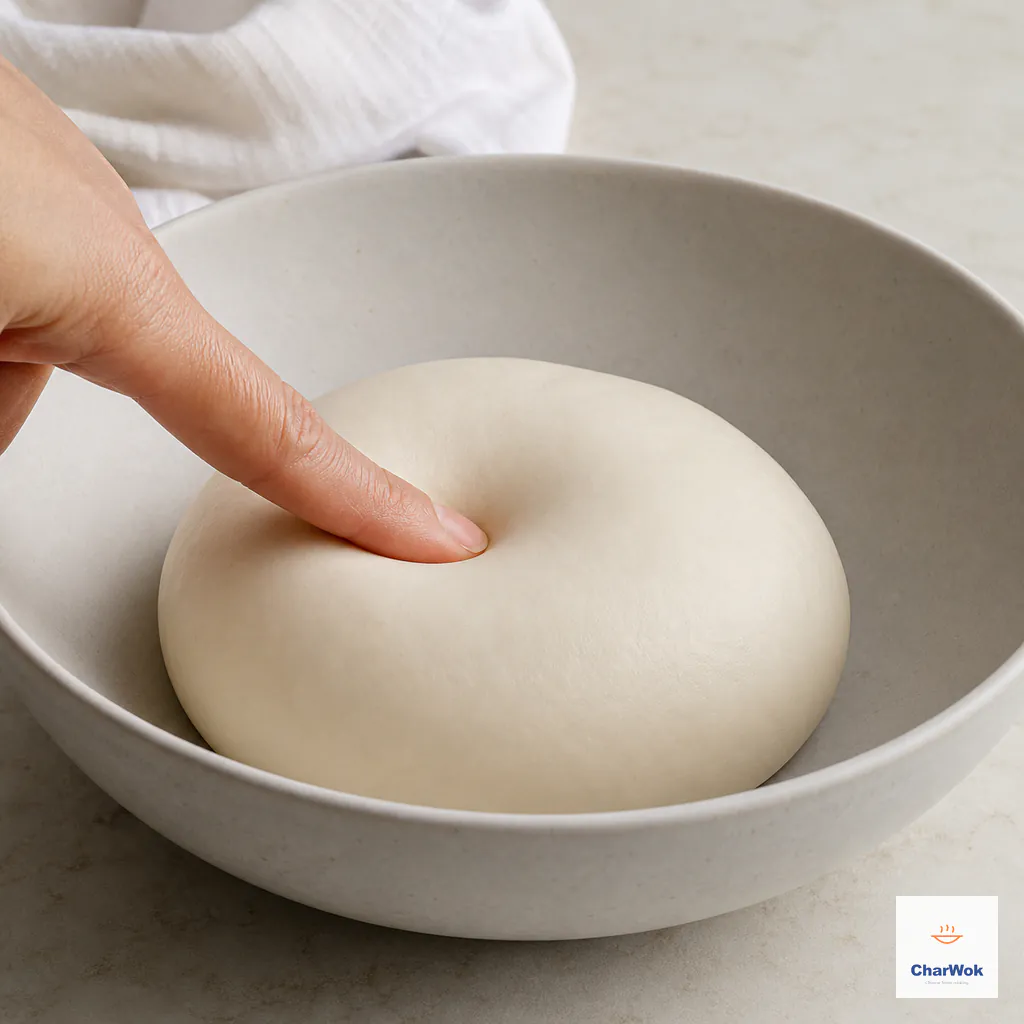 A fingertip presses a shallow dimple into a smooth, satiny white bao dough ball with no cracks or dry flour on its surface