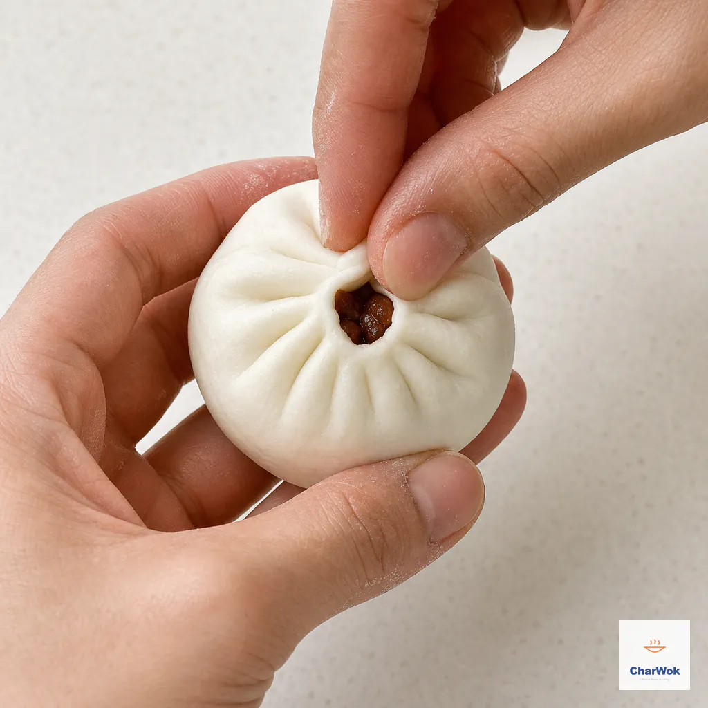 Hands gather soft pleats around thick diced char siu filling and deliberately leave one small open dimple at the top of a raw white bun
