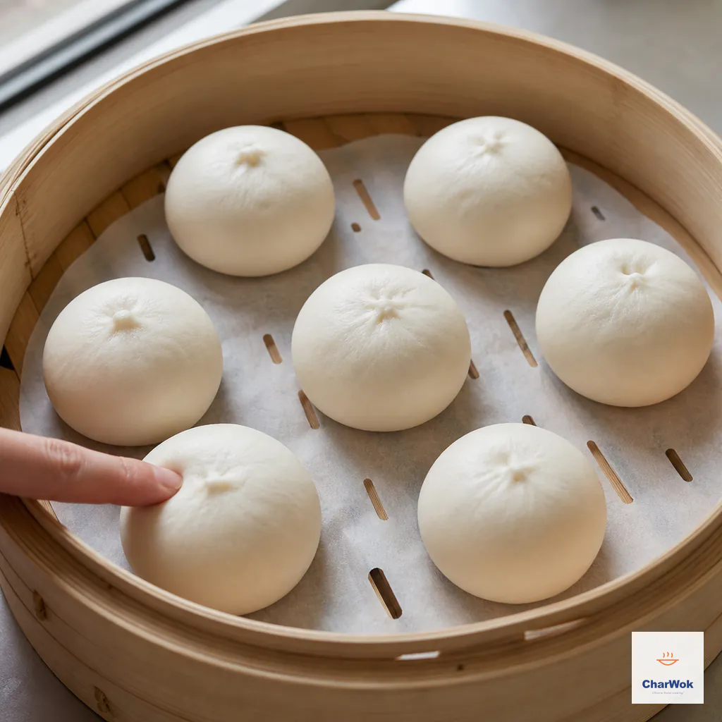 Seven raw char siu bao sit well apart on slitted parchment in a bamboo steamer, visibly plump while a fingertip gently tests the nearest pillowy bun
