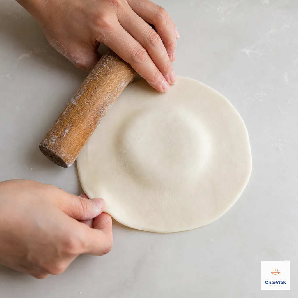 Hands roll only the outer rim of one round white bao wrapper, leaving a clearly raised thick center and an even thin edge