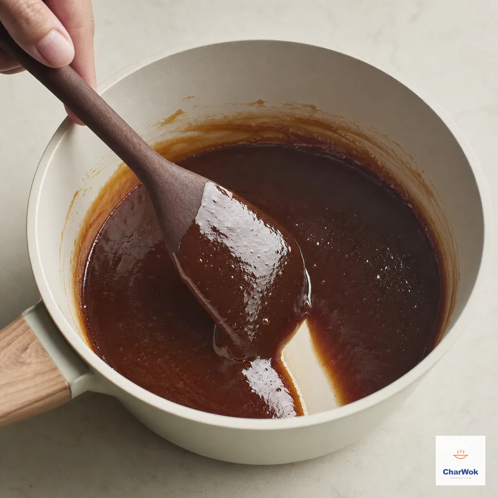 A spatula draws a clean path through glossy mahogany char siu gravy that has thickened into a smooth spoon-coating jelly with no onion or pork pieces