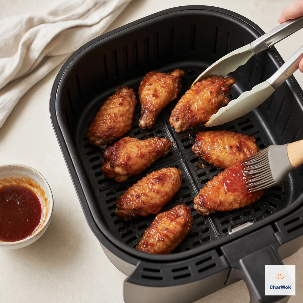 Eight representative char siu chicken wing sections sit apart in one air-fryer layer while tongs flip one and a brush applies a thin glaze to another