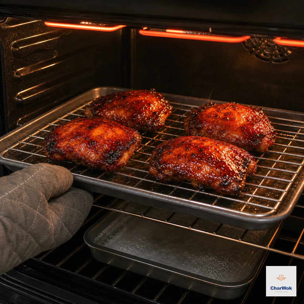 Four glossy mahogany char siu chicken thighs finish skin-up beneath a glowing broiler with a few dark caramelized edges as an oven-mitted hand watches closely