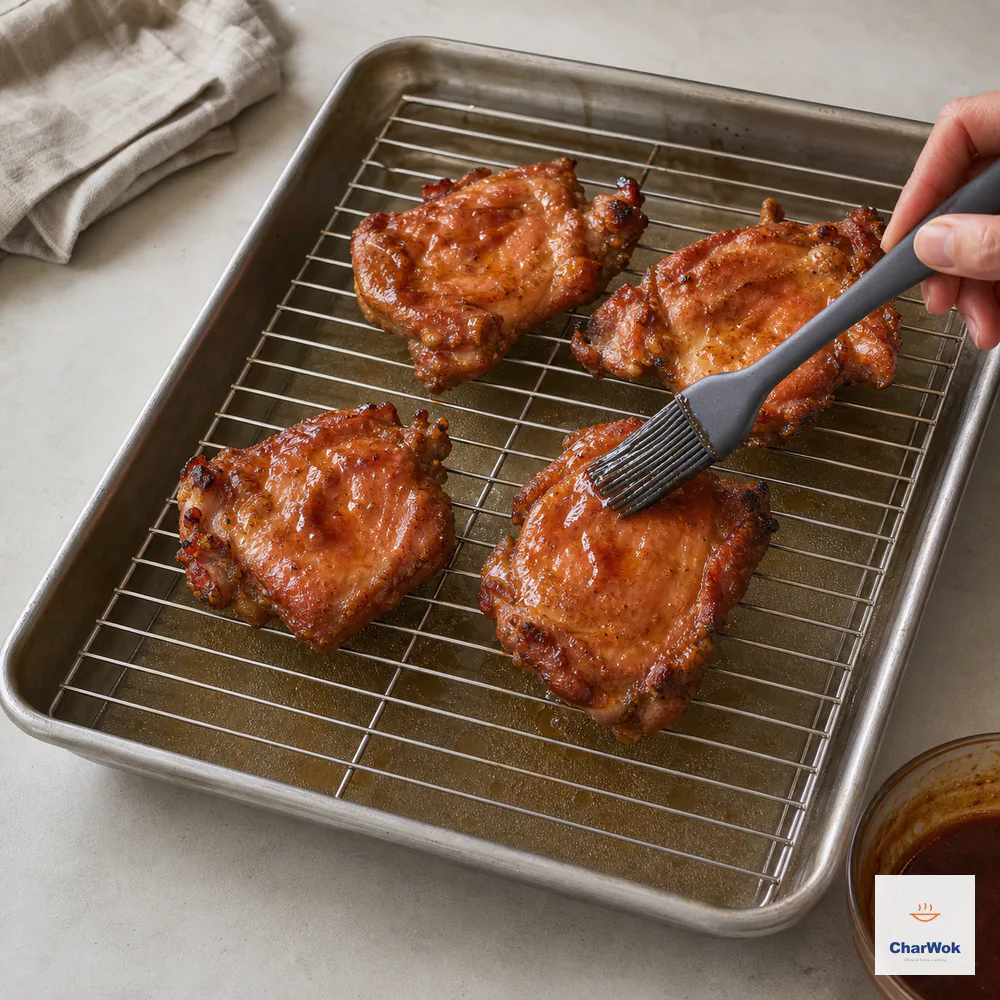 A silicone brush paints a thin char siu glaze on the exposed flesh side of four chicken thighs flipped skin-down over a rack and water tray