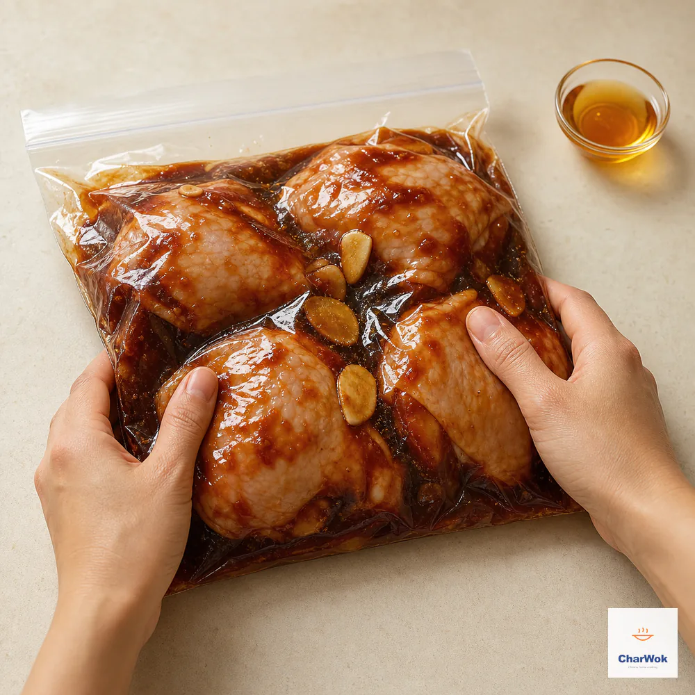 Two hands massage exactly four skin-on boneless chicken thighs with red-brown char siu marinade, garlic, and ginger in a sealed bag while honey stays separate