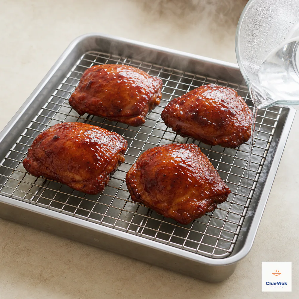 Exactly four marinated chicken thighs sit skin-up on a raised wire rack while hot water is poured into the tray below without touching the meat