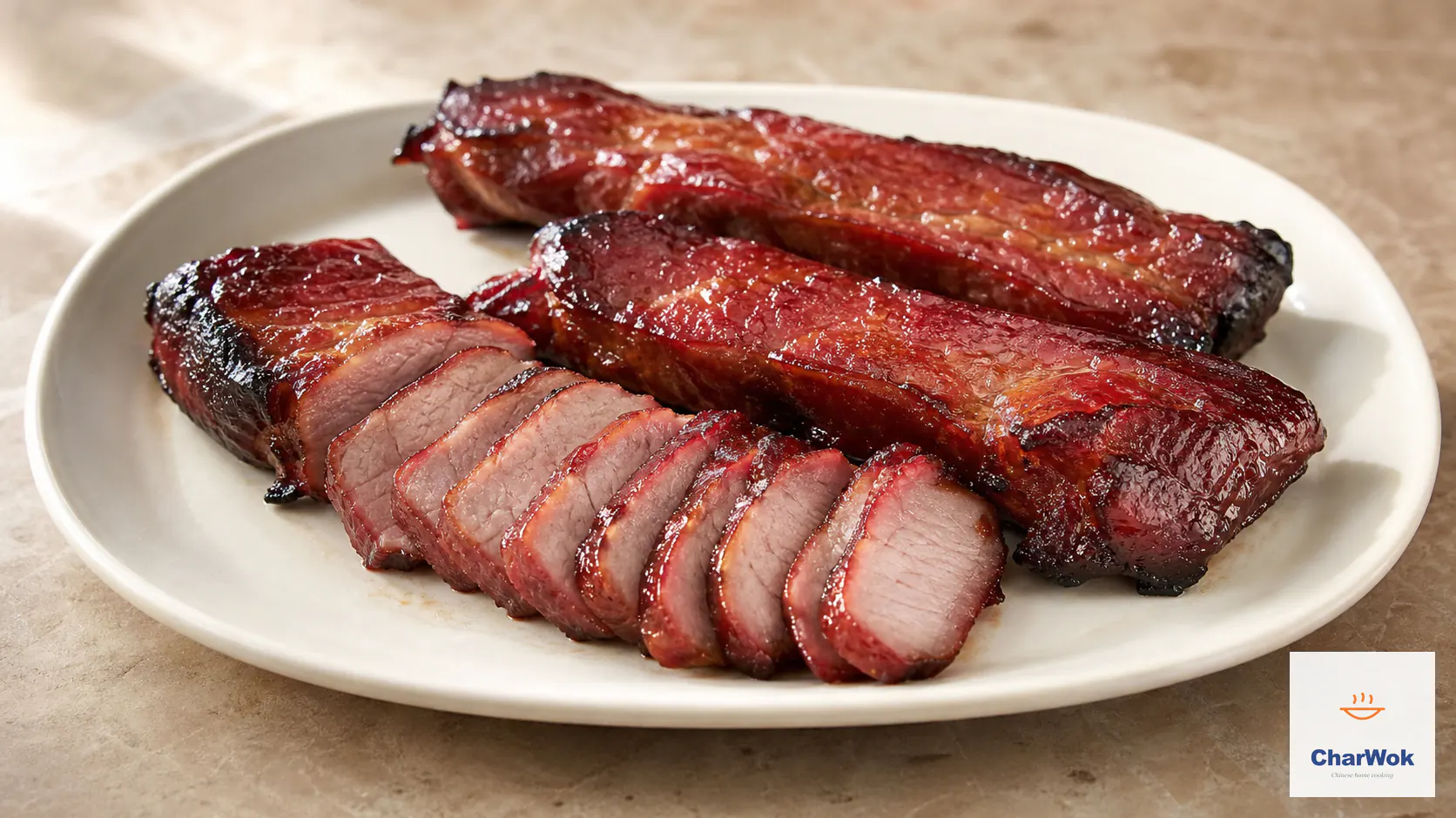 Home-oven Cantonese char siu pork shoulder with deep ruby-mahogany honey lacquer, caramelized edges, and moist fully cooked slices on an ivory plate