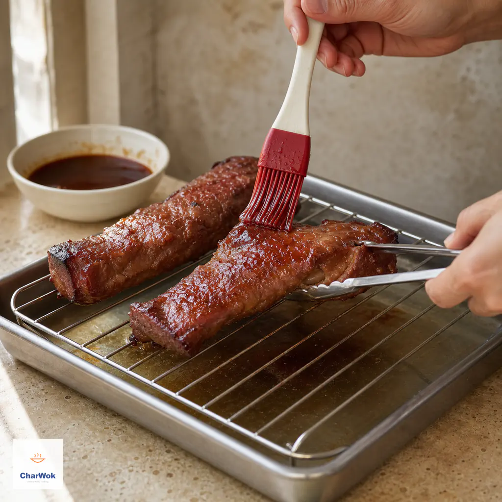 Partially roasted char siu is turned with tongs and brushed with reserved marinade over the rack while the tray water remains below