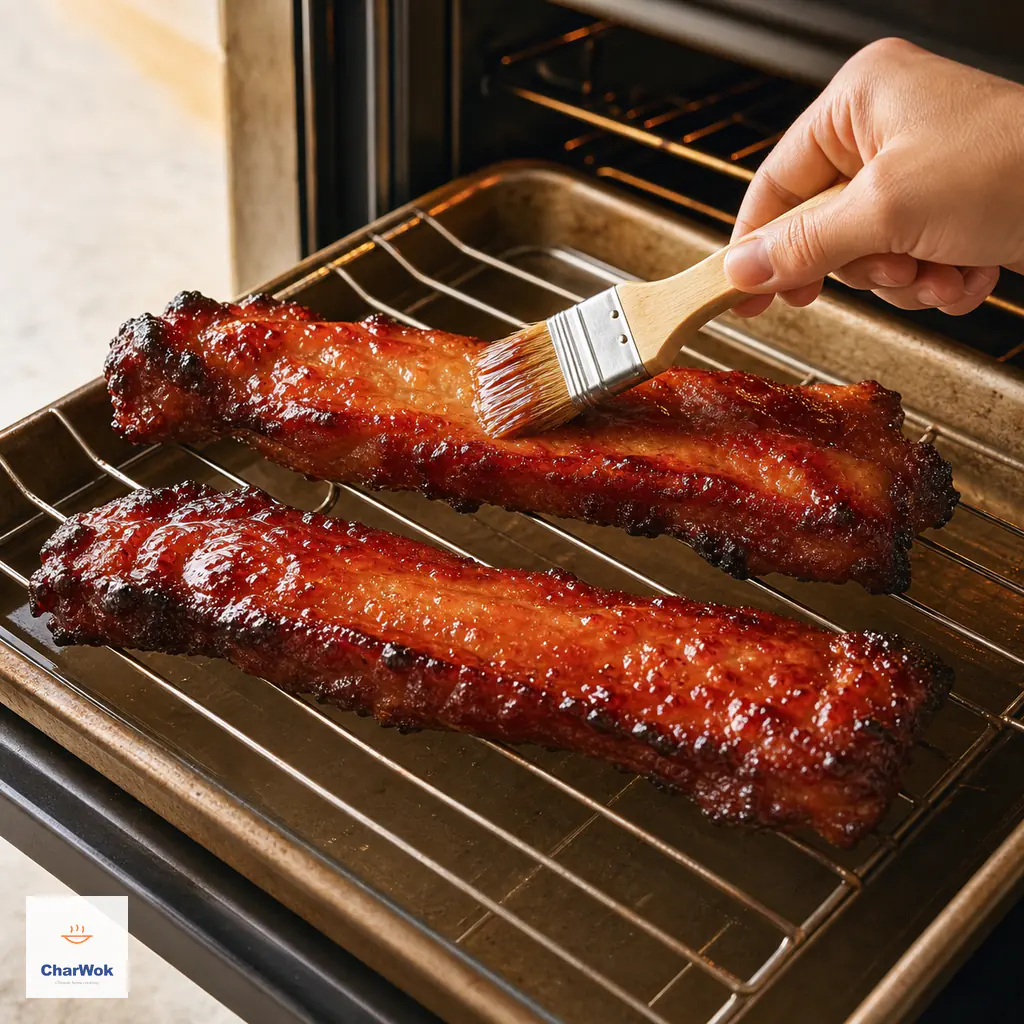 A thin honey-and-marinade glaze is brushed over nearly cooked char siu as the surface sets into a glossy mahogany lacquer with dark-brown edges