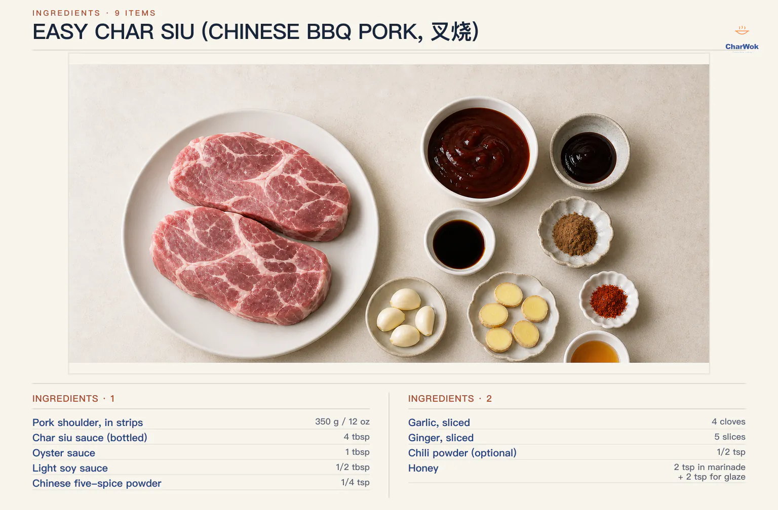 Char siu ingredients labeled in English: pork shoulder, bottled char siu sauce, oyster sauce, light soy sauce, honey, garlic, ginger, five-spice, and optional chili powder