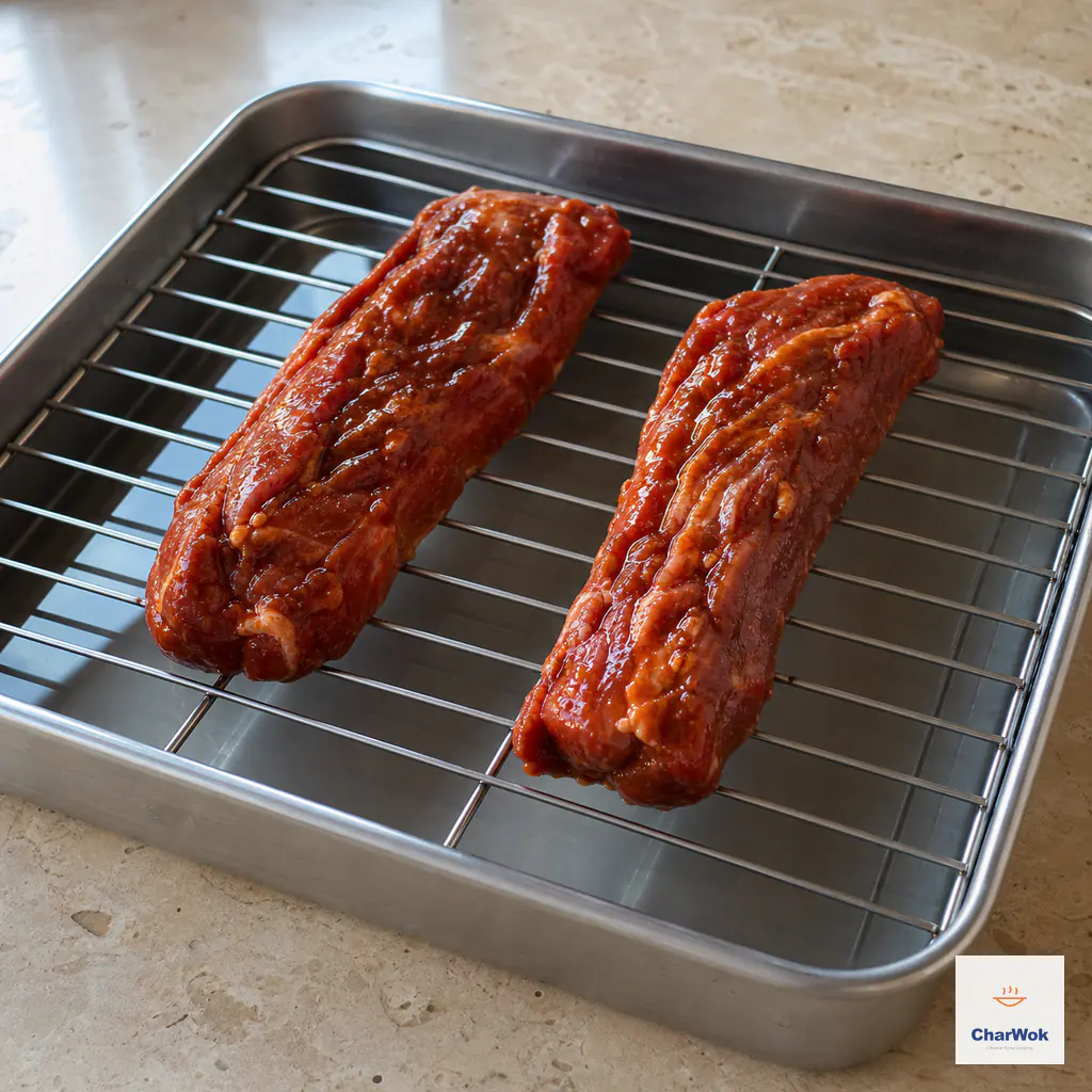 Two marinated pork shoulder strips rest on a wire rack above a shallow water tray with the water visibly below the meat