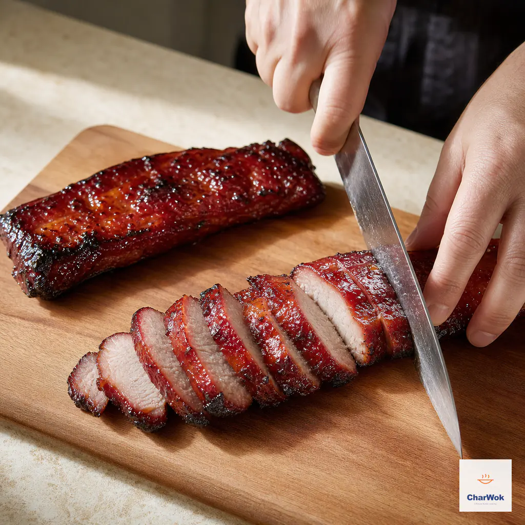 A chef's knife slices rested char siu across the grain, revealing an opaque moist pork center beneath a set ruby-mahogany glaze