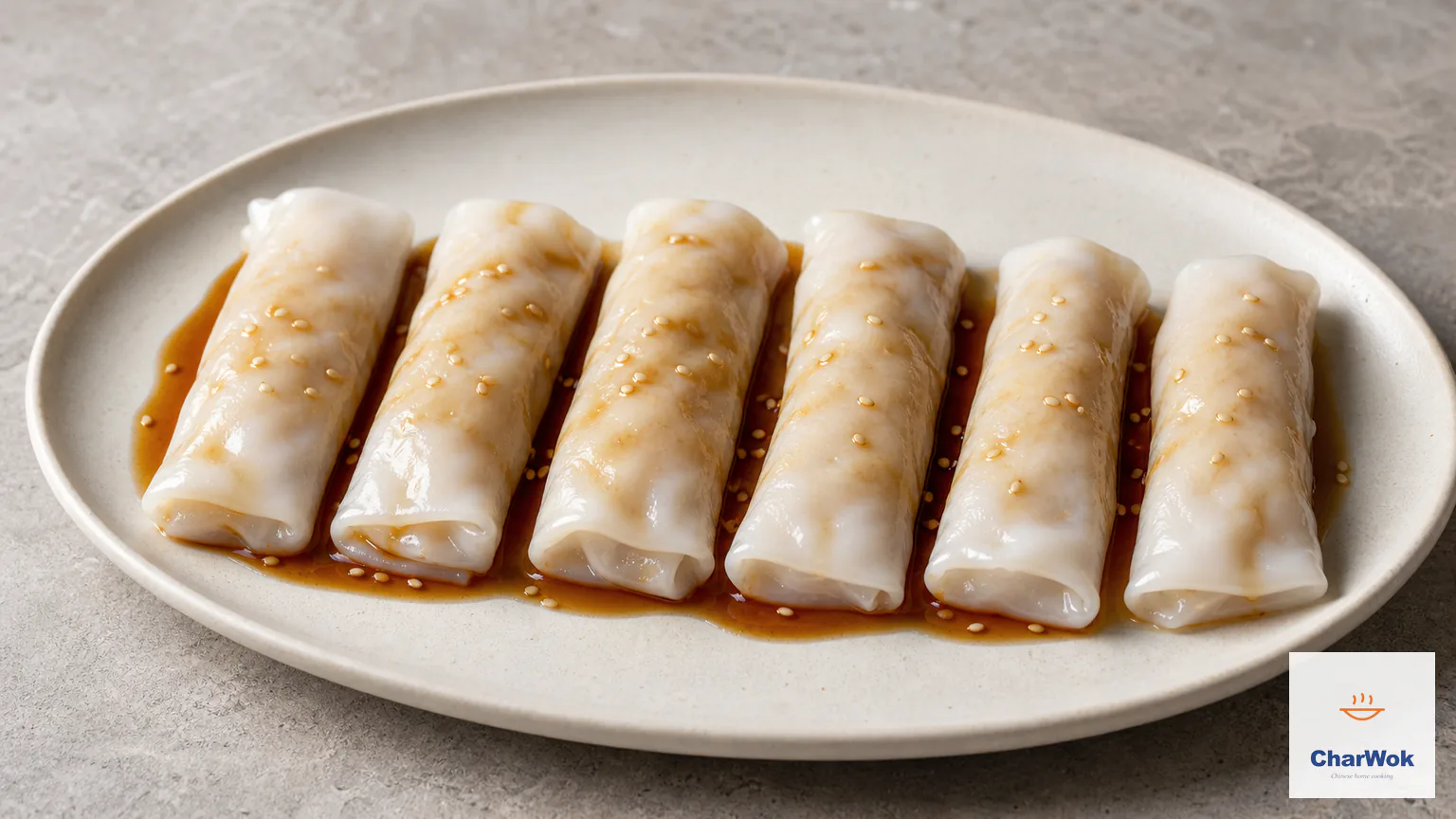 Exactly six plain Cantonese cheung fun rice noodle rolls with tender translucent ivory sheets, drizzled with clear dark amber sweet-savory soy sauce and finished with white sesame