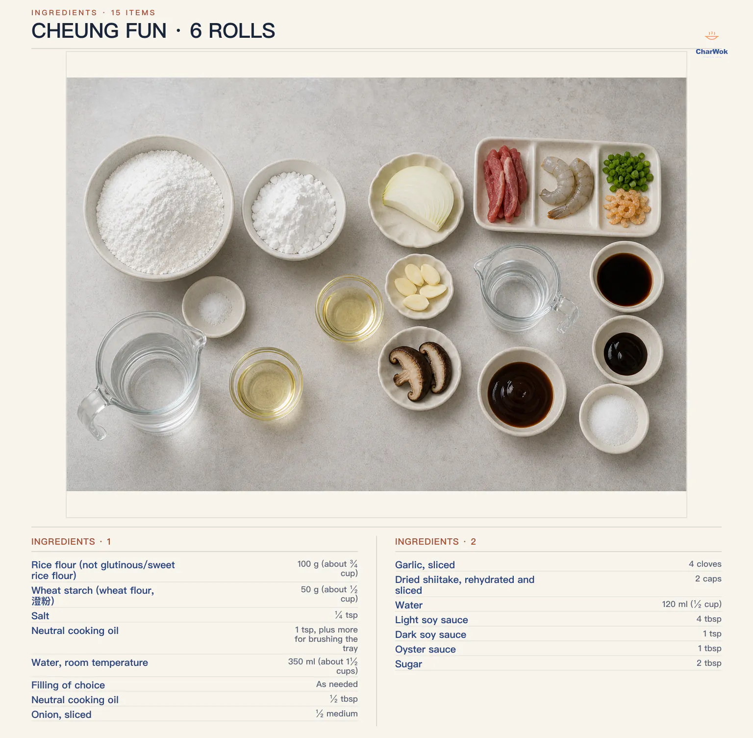 Cheung fun ingredients labeled in English: rice flour, wheat starch, salt, neutral oil, 350 ml water, optional char siu, shrimp, scallion with dried shrimp, or plain filling, plus onion, garlic, dried shiitake, soy sauces, oyster sauce, sugar, and water for the sauce