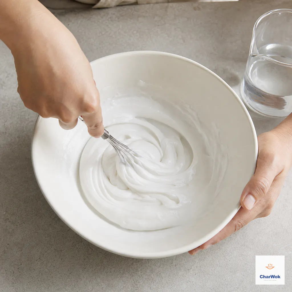A hand whisks rice flour and wheat starch with one third of the water into a thick glossy white paste with no dry pockets or lumps