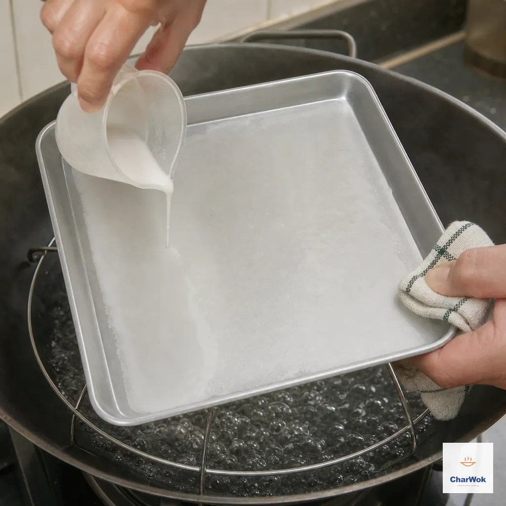 A small cup pours about 60 ml of thin rice batter into a hot lightly oiled 18 cm square metal tray held above vigorously boiling steamer water