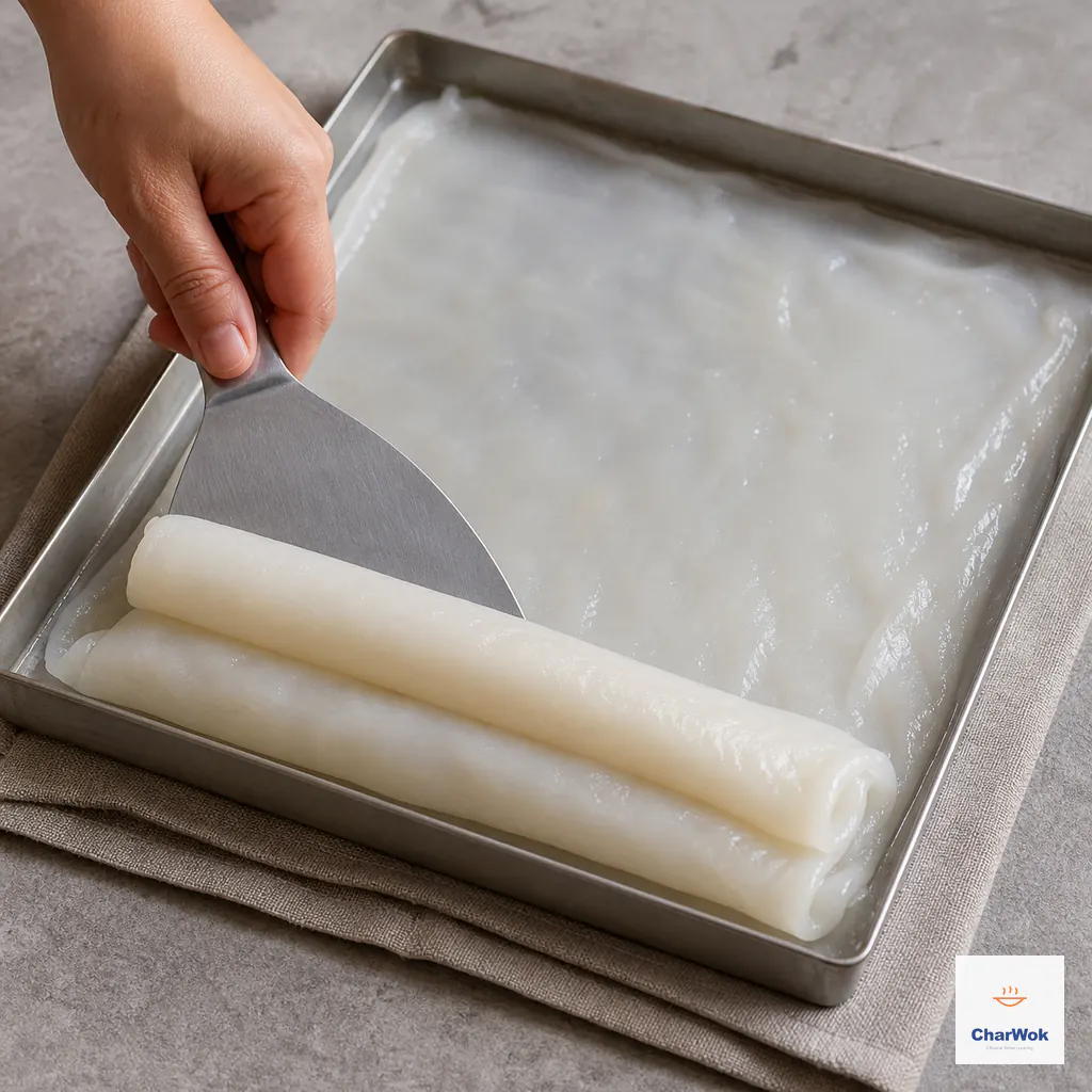 A broad metal scraper lifts the cooled edge of a thin translucent cheung fun sheet and rolls it cleanly across the square tray