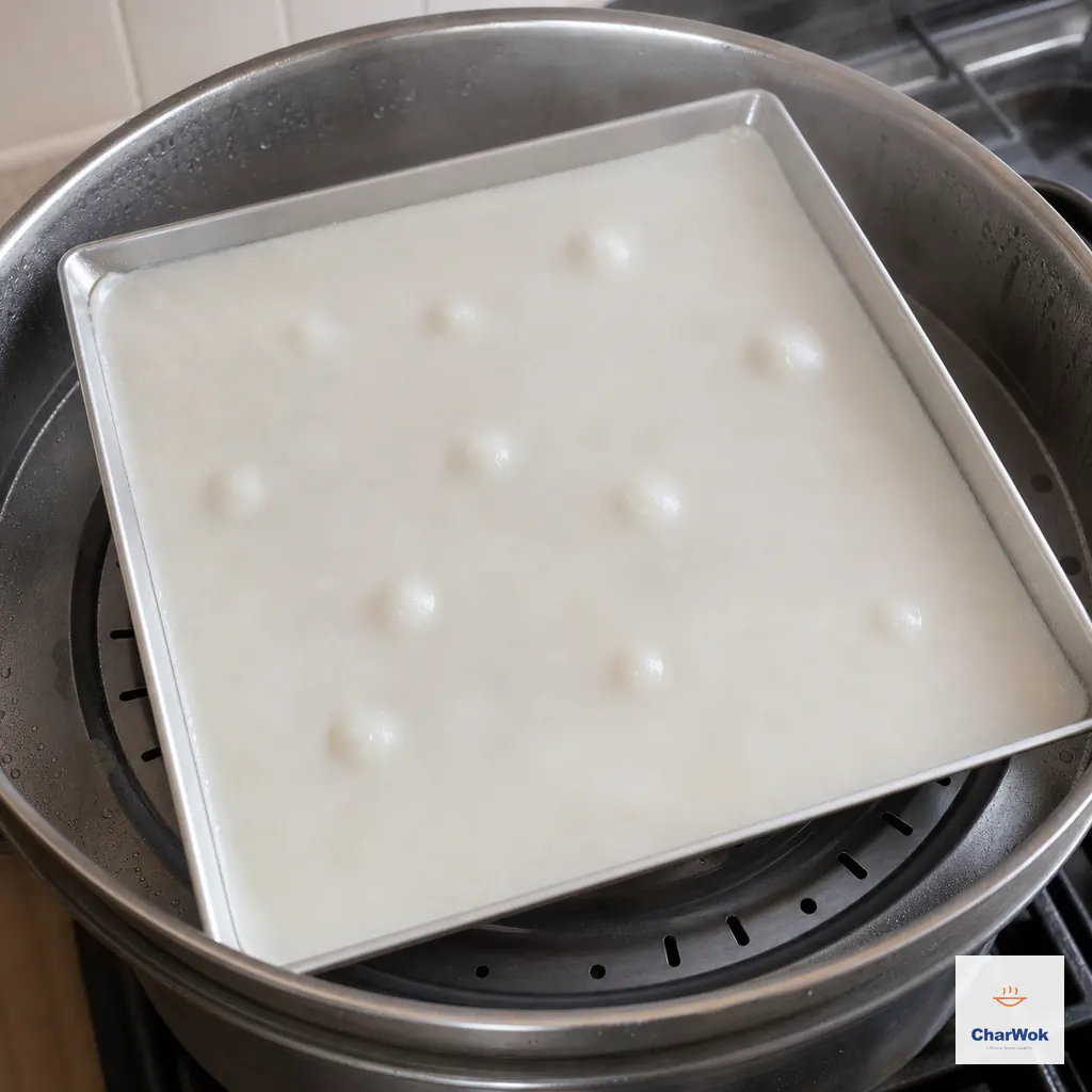A mostly smooth set cheung fun sheet in a square steaming tray shows a small number of fine rounded bubbles across its pale surface
