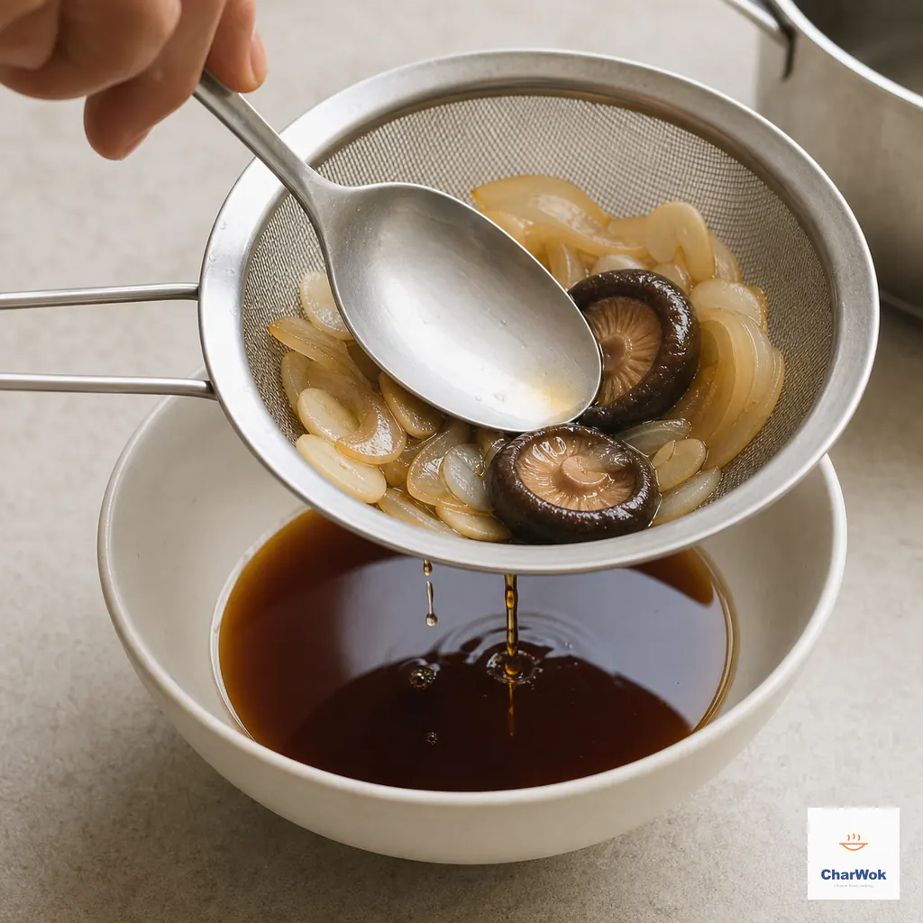 A spoon presses softened onion, garlic, and shiitake in a fine-mesh sieve while clear dark amber cheung fun sauce drips into a bowl below
