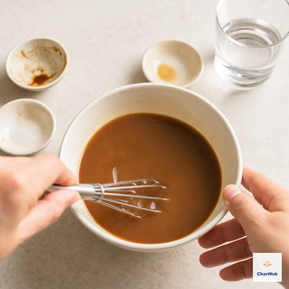 A small whisk stirs a pourable medium-brown chop suey sauce smoothly from the bottom of an off-white bowl with no starch clumps