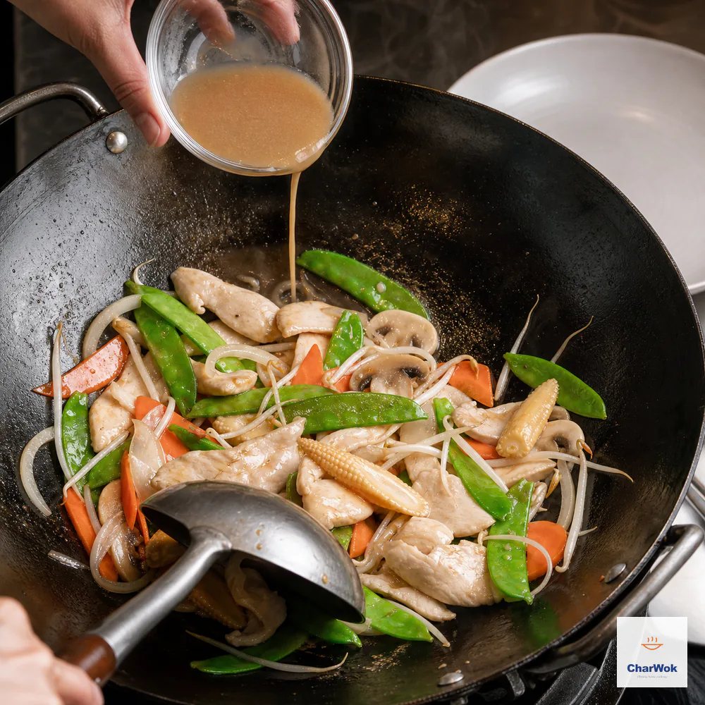 Freshly stirred sauce pours around the hot wok edge as chicken and bright vegetables are tossed into a thin glossy coat with no liquid pool and a serving plate waiting