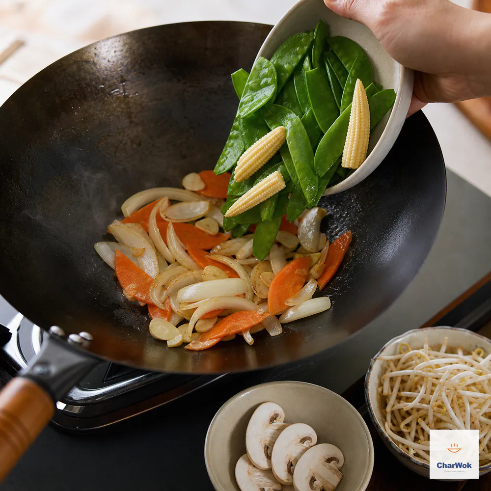Bright snow peas and three baby corns tip into a dry wok of fragrant onion, garlic, and carrot while bowls of three mushrooms and mung bean sprouts wait outside