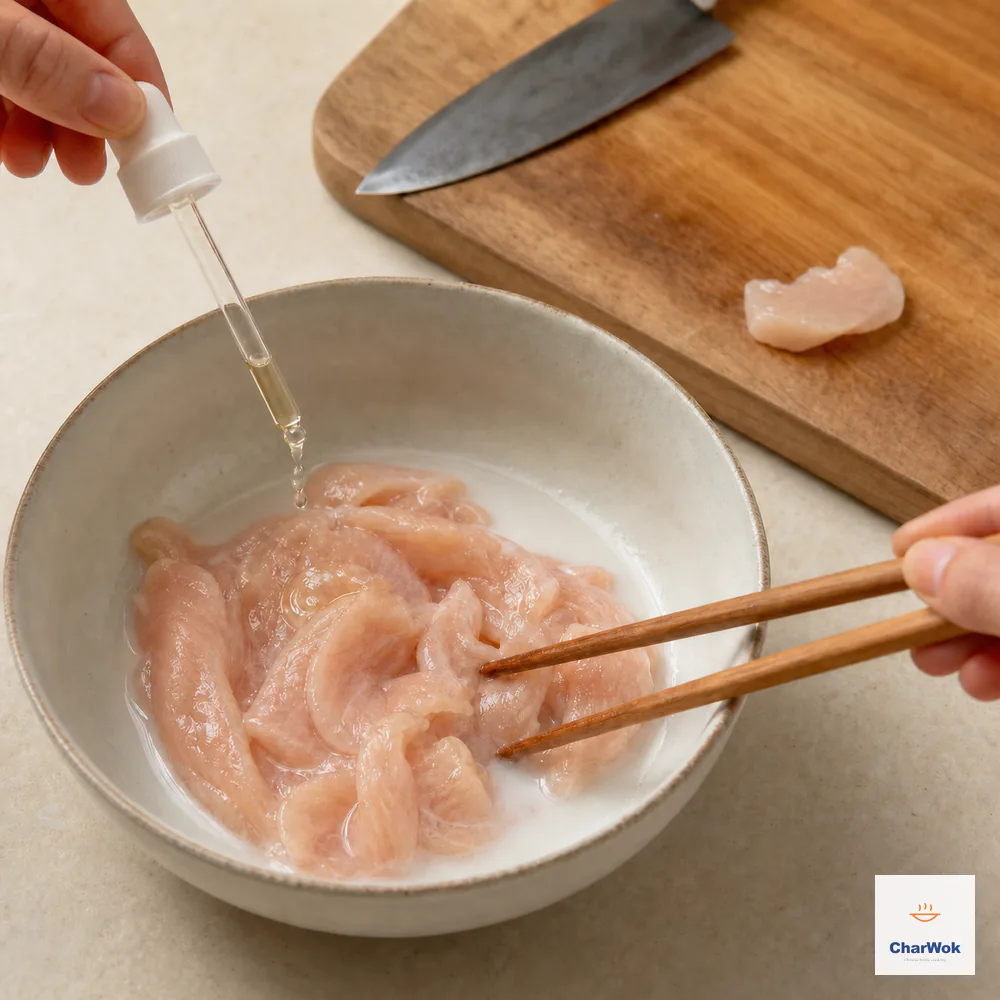 Thin chicken breast slices are stirred in a light milky tapioca coating while only a few drops of neutral oil fall in and one small unsliced end piece rests by the knife