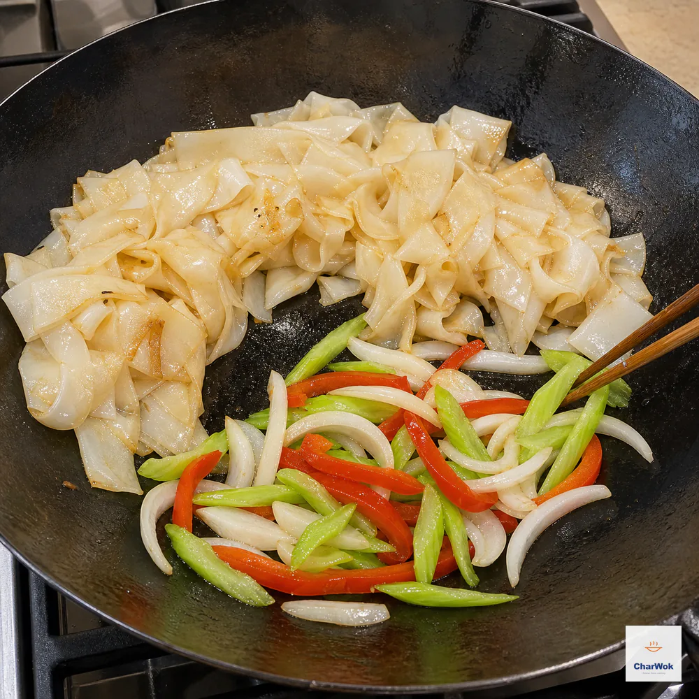 Lightly seared wide rice noodles sit around the wok sides while bright onion, red bell pepper, and celery toss in the exposed dry center