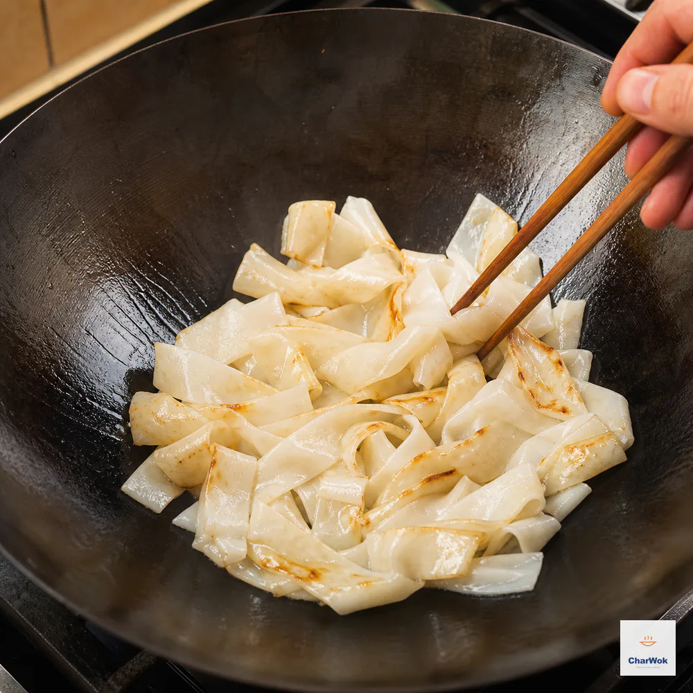 Long wooden chopsticks gently lift intact wide rice noodles whose edges have only light patchy amber contact marks in a dry hot wok