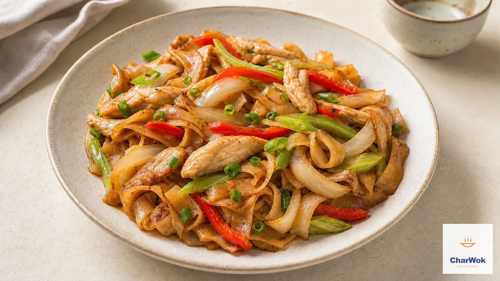 Dry-fried chicken chow fun with tender chicken and crisp vegetables